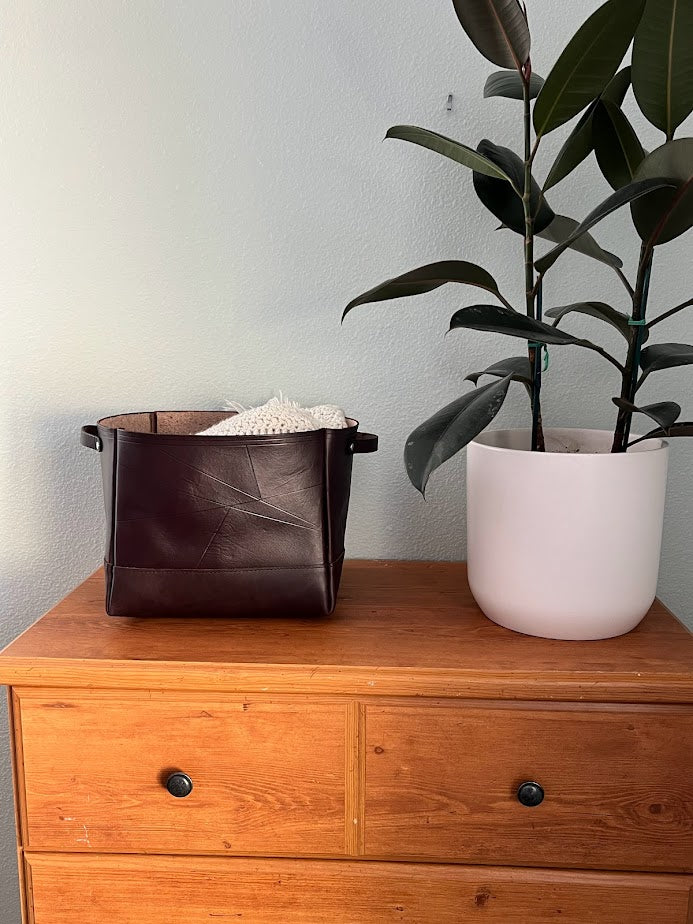 Dark Brown Leather Storage Bin | Decorative Leather Storage Bin