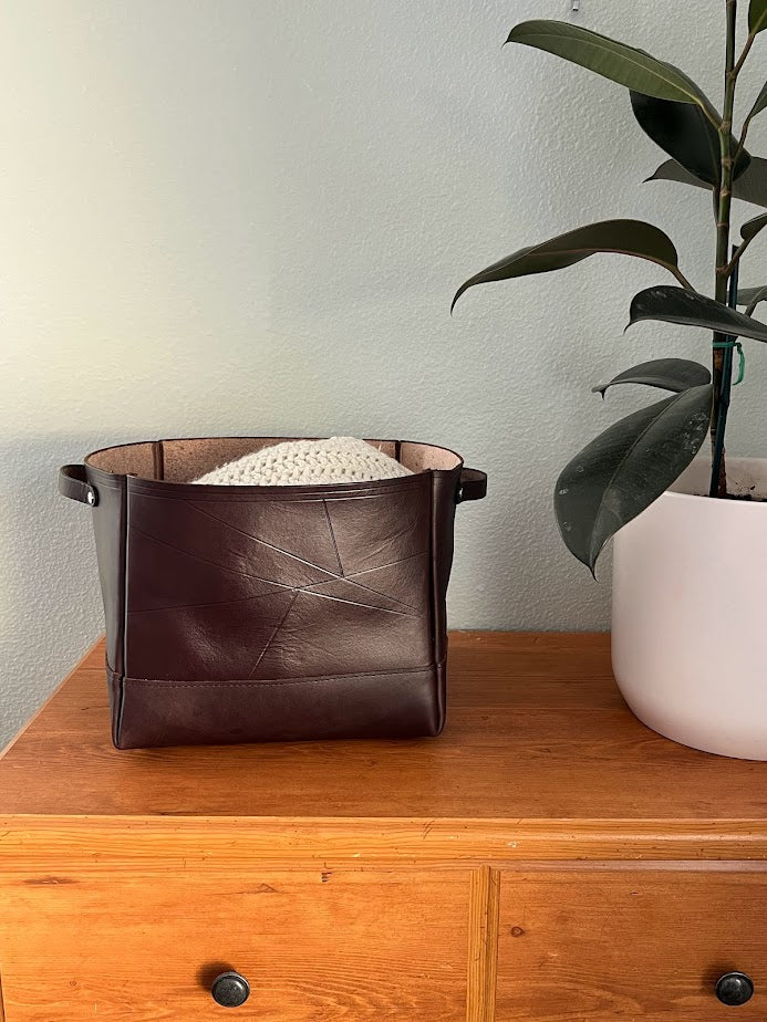 Dark Brown Leather Storage Bin | Decorative Leather Storage Bin