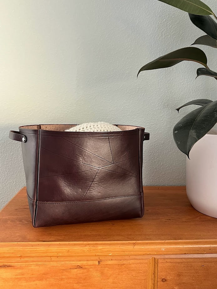 Dark Brown Leather Storage Bin | Decorative Leather Storage Bin