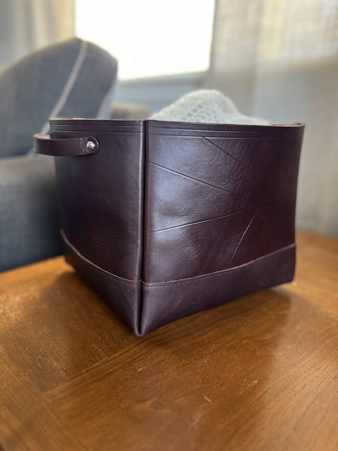 Dark Brown Leather Storage Bin | Decorative Leather Storage Bin