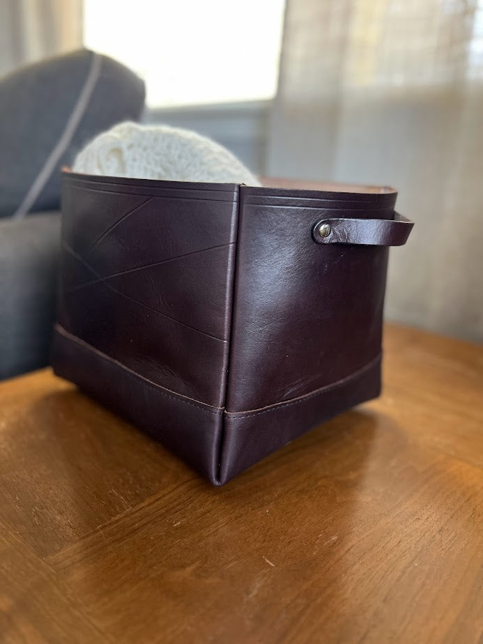 Dark Brown Leather Storage Bin | Decorative Leather Storage Bin