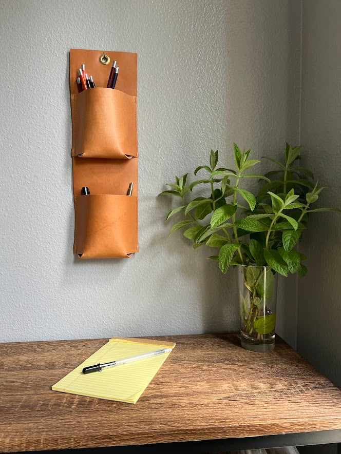Leather Wall Caddy | Hanging Organizer | Pen and Pencil Holder | Desk Organizer