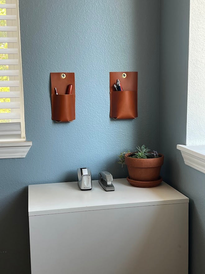 Leather Wall Caddy | Hanging Wall Pocket | Pencil Holder