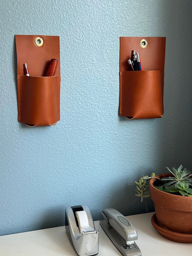 Leather Wall Caddy | Hanging Wall Pocket | Pencil Holder