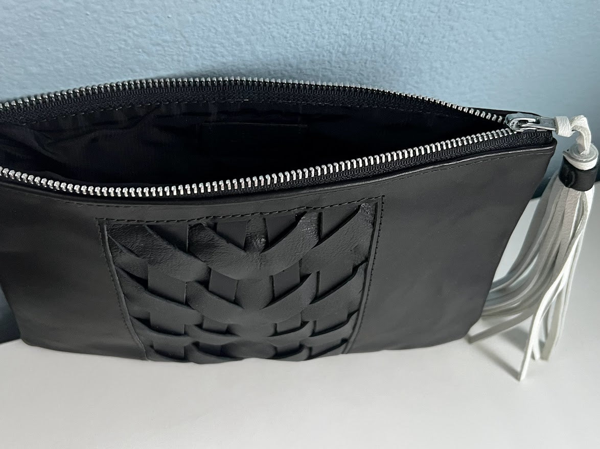 Woven Leather Clutch | Black Tasseled Clutch | Date Night Bag