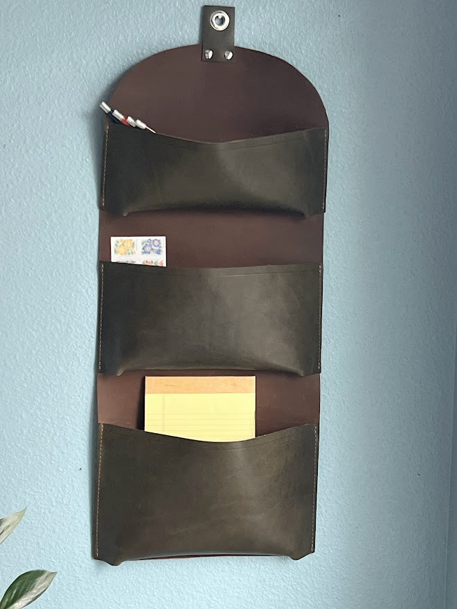 Tri-Pocket Leather Wall Organizer | Hanging Storage | Leather Wall Pockets
