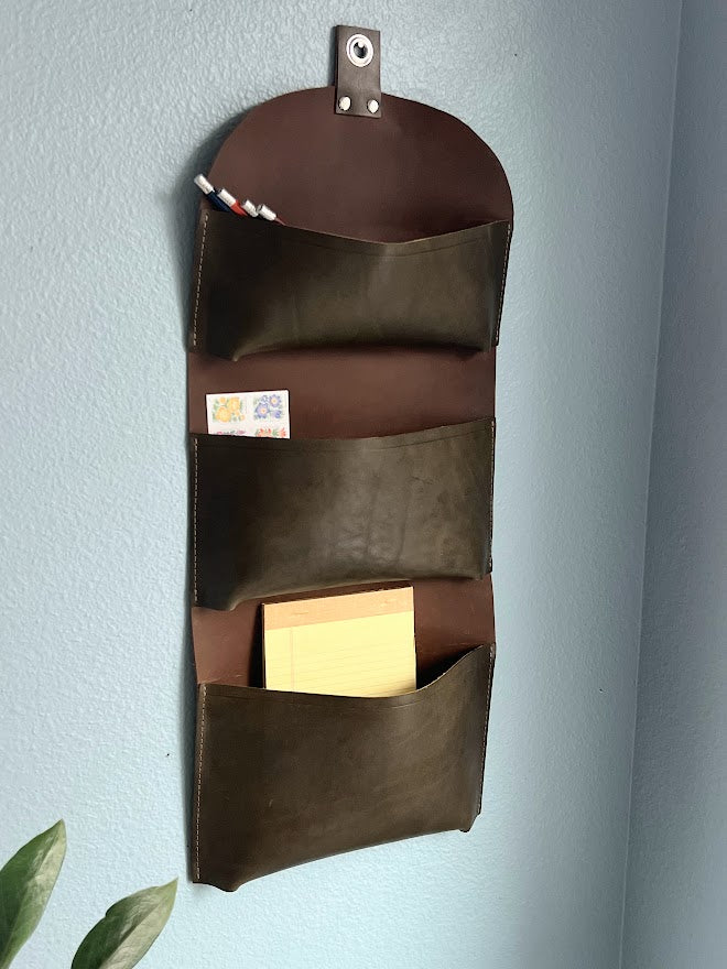 Tri-Pocket Leather Wall Organizer | Hanging Storage | Leather Wall Pockets