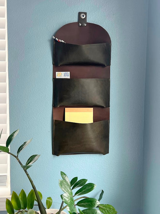 Tri-Pocket Leather Wall Organizer | Hanging Storage | Leather Wall Pockets