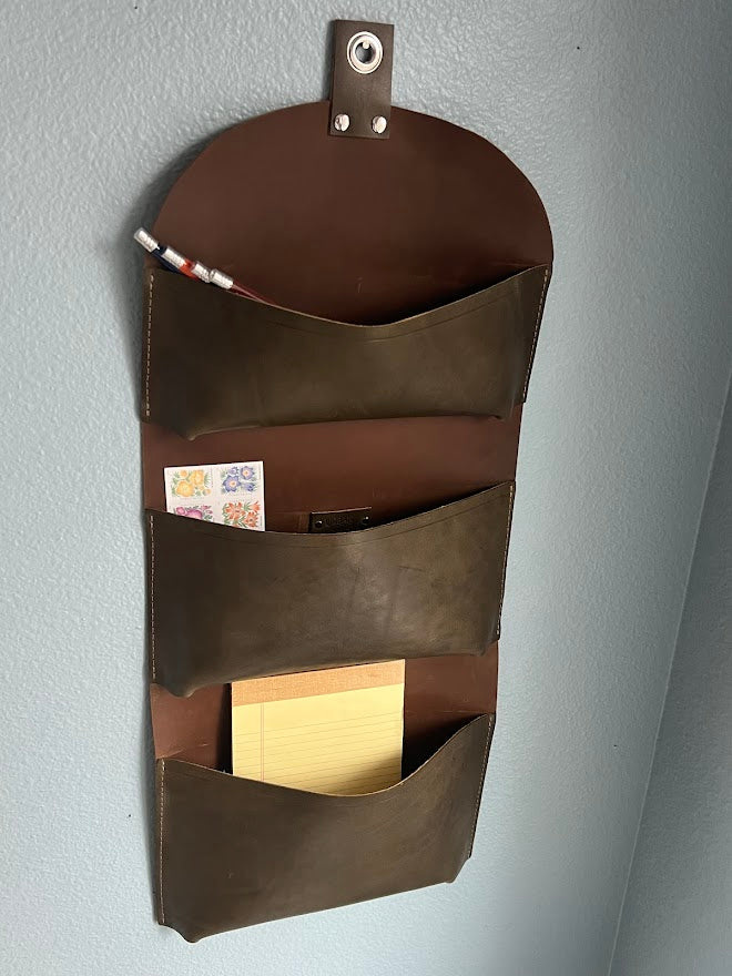 Tri-Pocket Leather Wall Organizer | Hanging Storage | Leather Wall Pockets