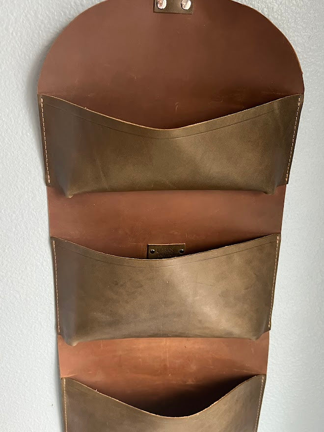 Tri-Pocket Leather Wall Organizer | Hanging Storage | Leather Wall Pockets