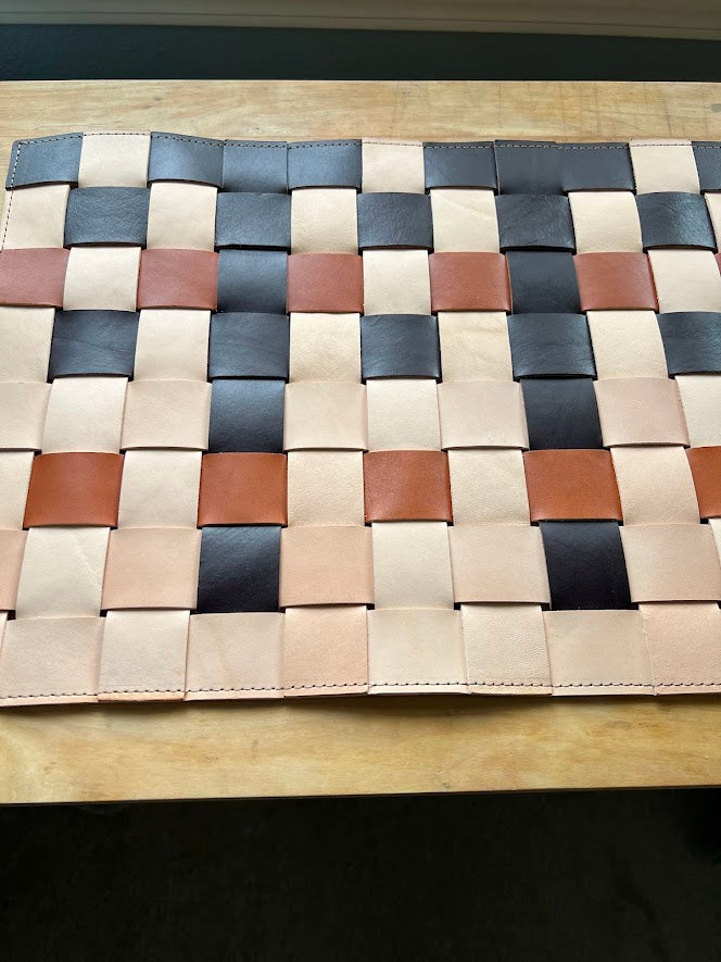 Color Block Leather Placemats, Woven Leather Table Mat, Leather Trivet, MCM Home Decor