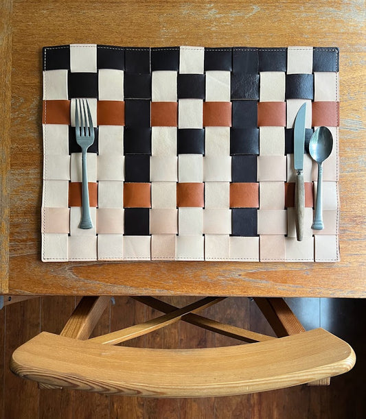 Color Block Leather Placemats, Woven Leather Table Mat, Leather Trivet, MCM Home Decor