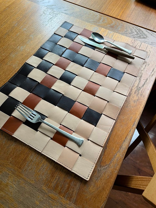 Color Block Leather Placemats, Woven Leather Table Mat, Leather Trivet, MCM Home Decor