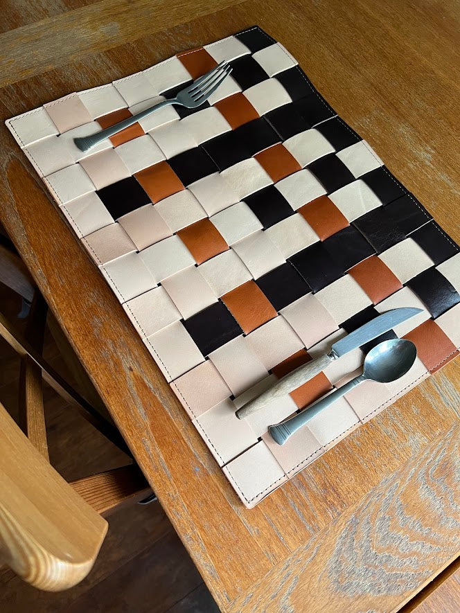 Color Block Leather Placemats, Woven Leather Table Mat, Leather Trivet, MCM Home Decor
