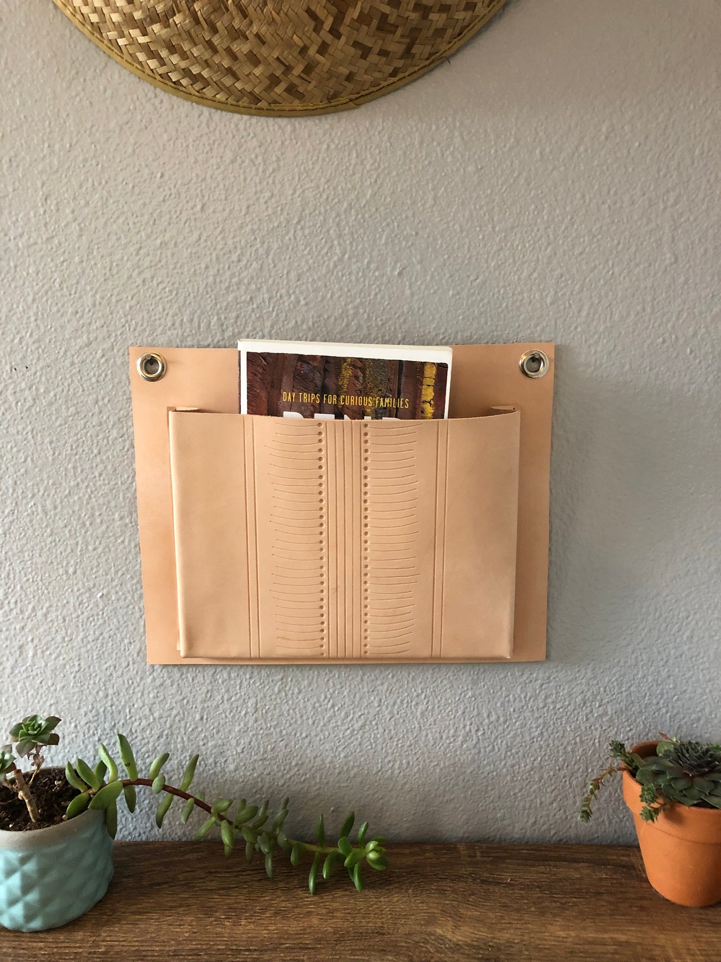Patterned Leather Wall Pocket | Nude Leather Wall Organizer