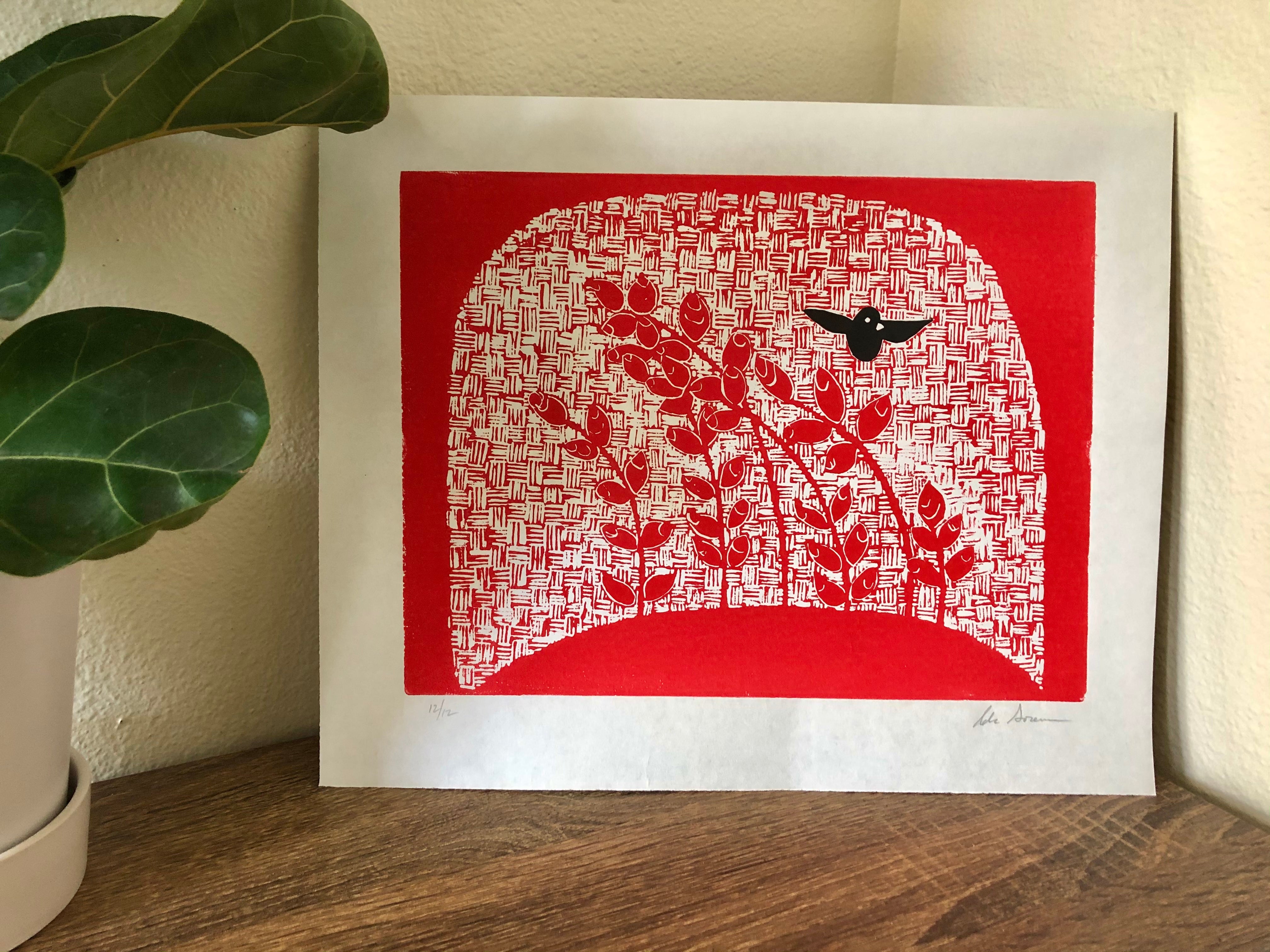 Lino sold cut, black bird, framed art, original print, FREE SHIPPING