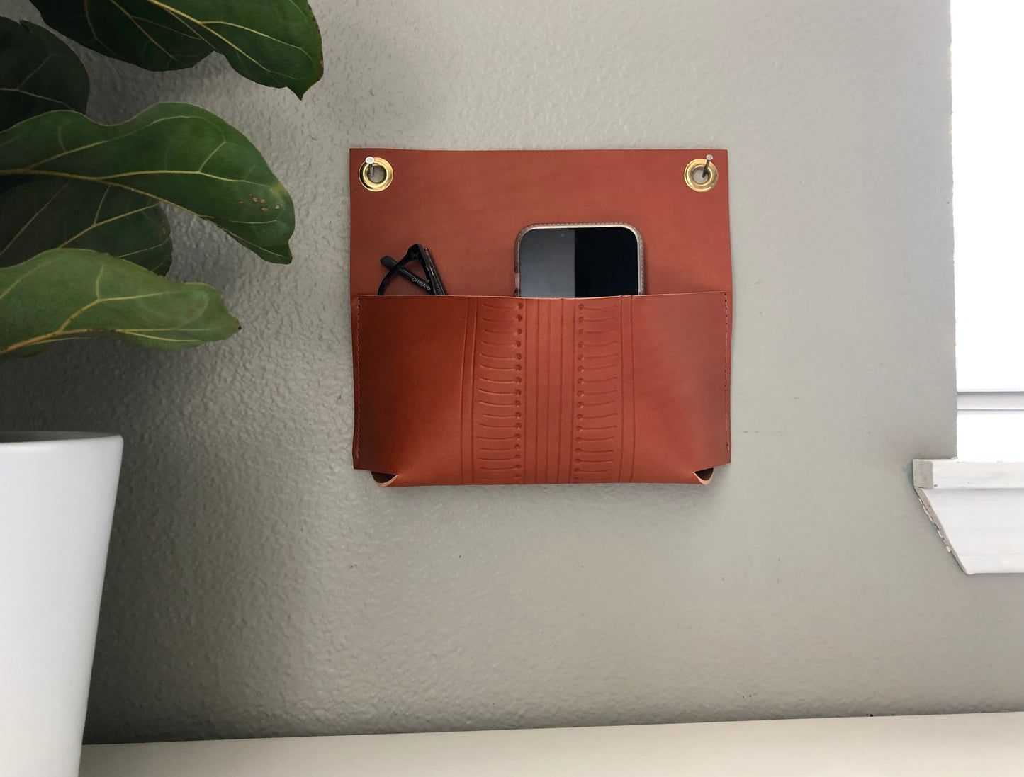 Leather Wall Pocket For Keys, Phone, Glasses | Hanging Leather Organizer