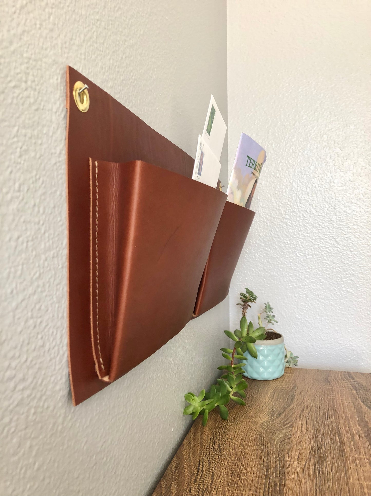 Handcrafted Horizontal Leather Wall Pockets | Leather Wall Organizer | Hanging Mail Organizer