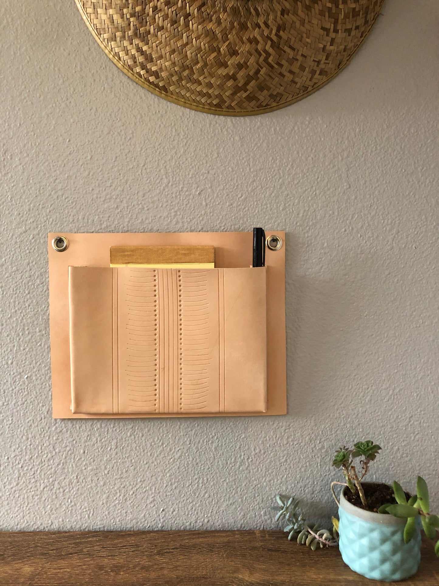 Patterned Leather Wall Pocket | Nude Leather Wall Organizer