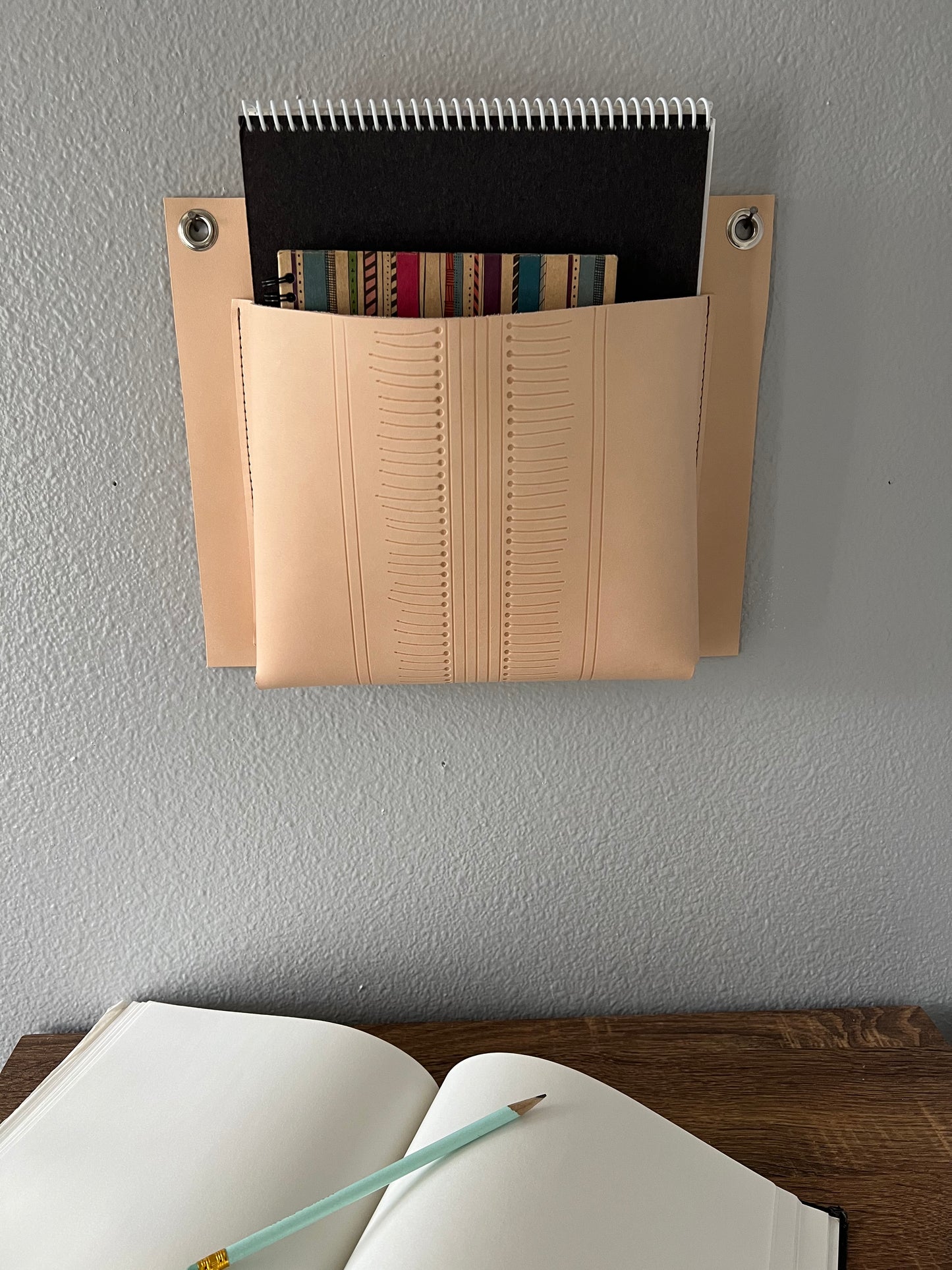 Extra Large Patterned Leather Wall Pocket | Hanging Leather Organizer | Mail Organizer | Leather Home Gift