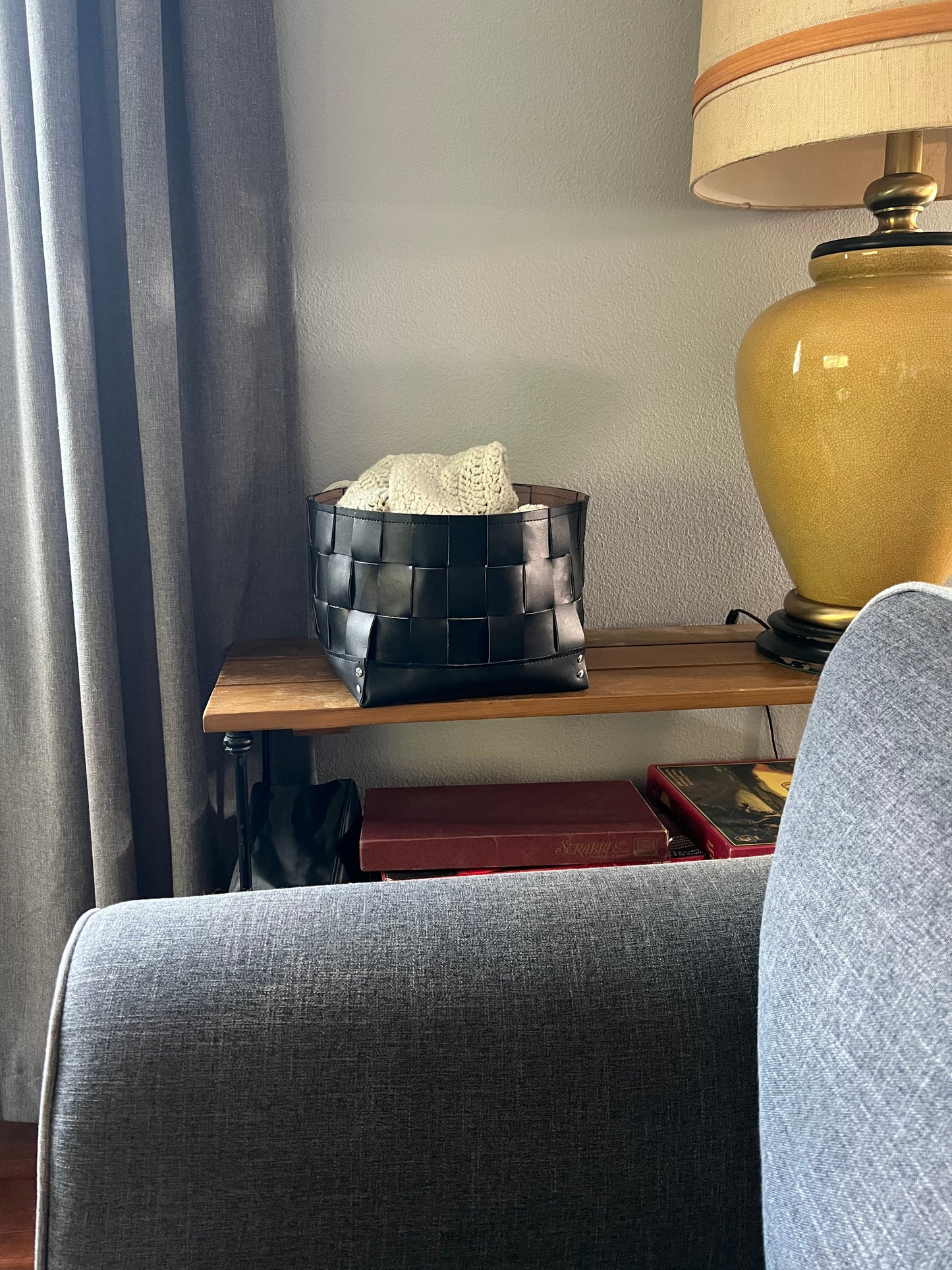 Woven Leather Storage Bin | Black Leather Basket | Decorative Storage Container
