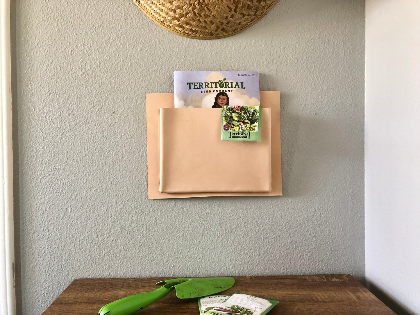 Handcrafted Nude Leather Wall Pocket | Hanging Storage | Leather Magazine Holder | Mail Organizer