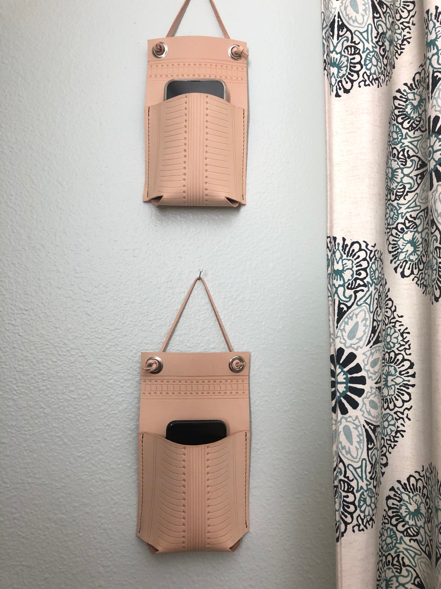 Patterned Leather Wall Pocket | Hanging Leather Wall Caddy | Hanging Storage