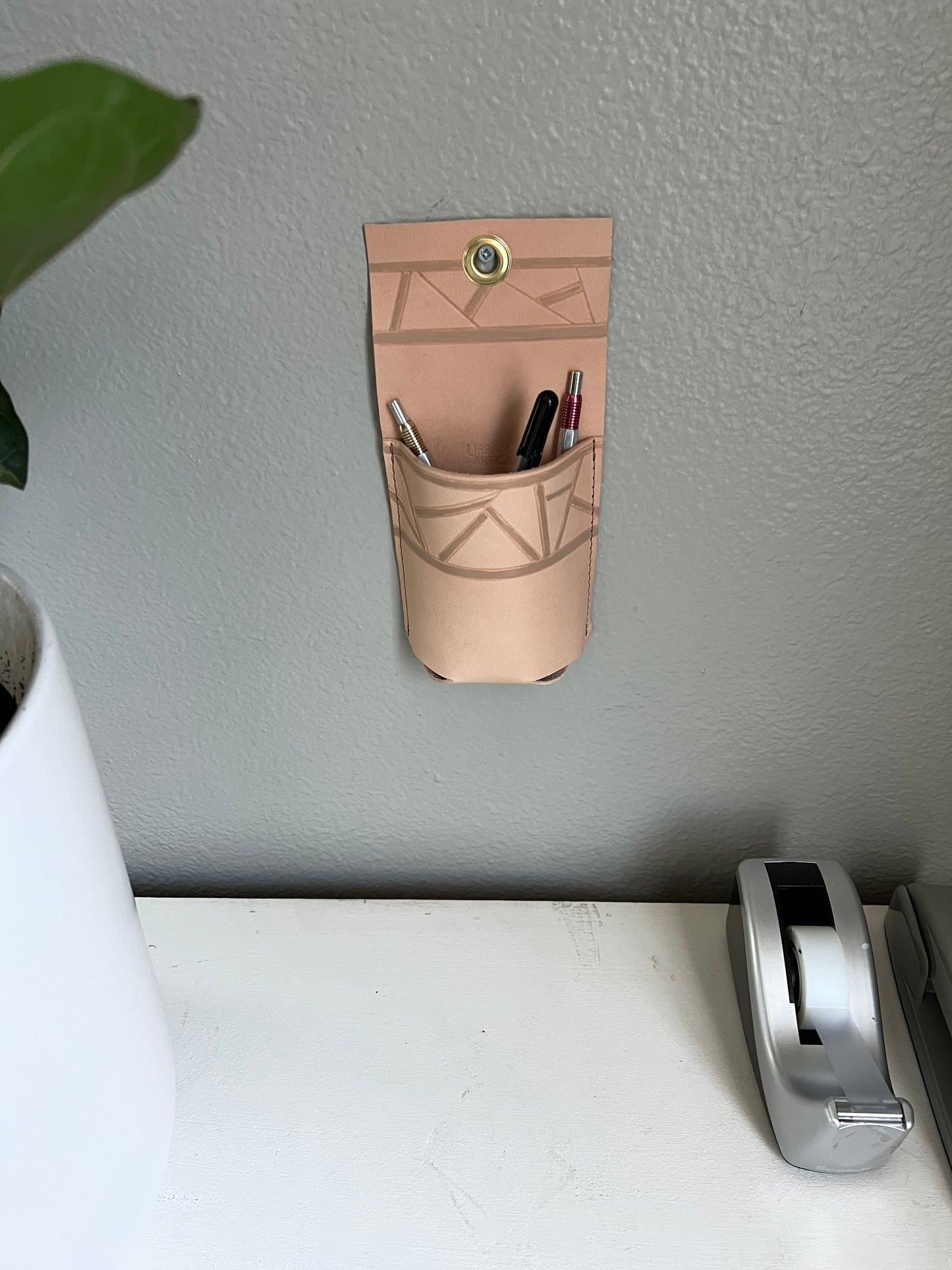 Painted Leather Wall Pocket | Pen and Pencil Storage | Hanging Storage