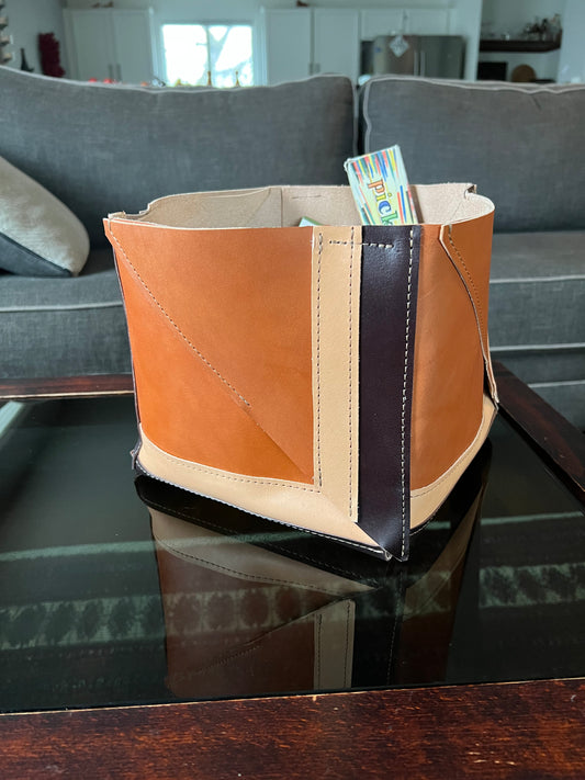 Leather Bin | Leather Basket | Tri-Color Leather Storage Bin | Home Decor Storage