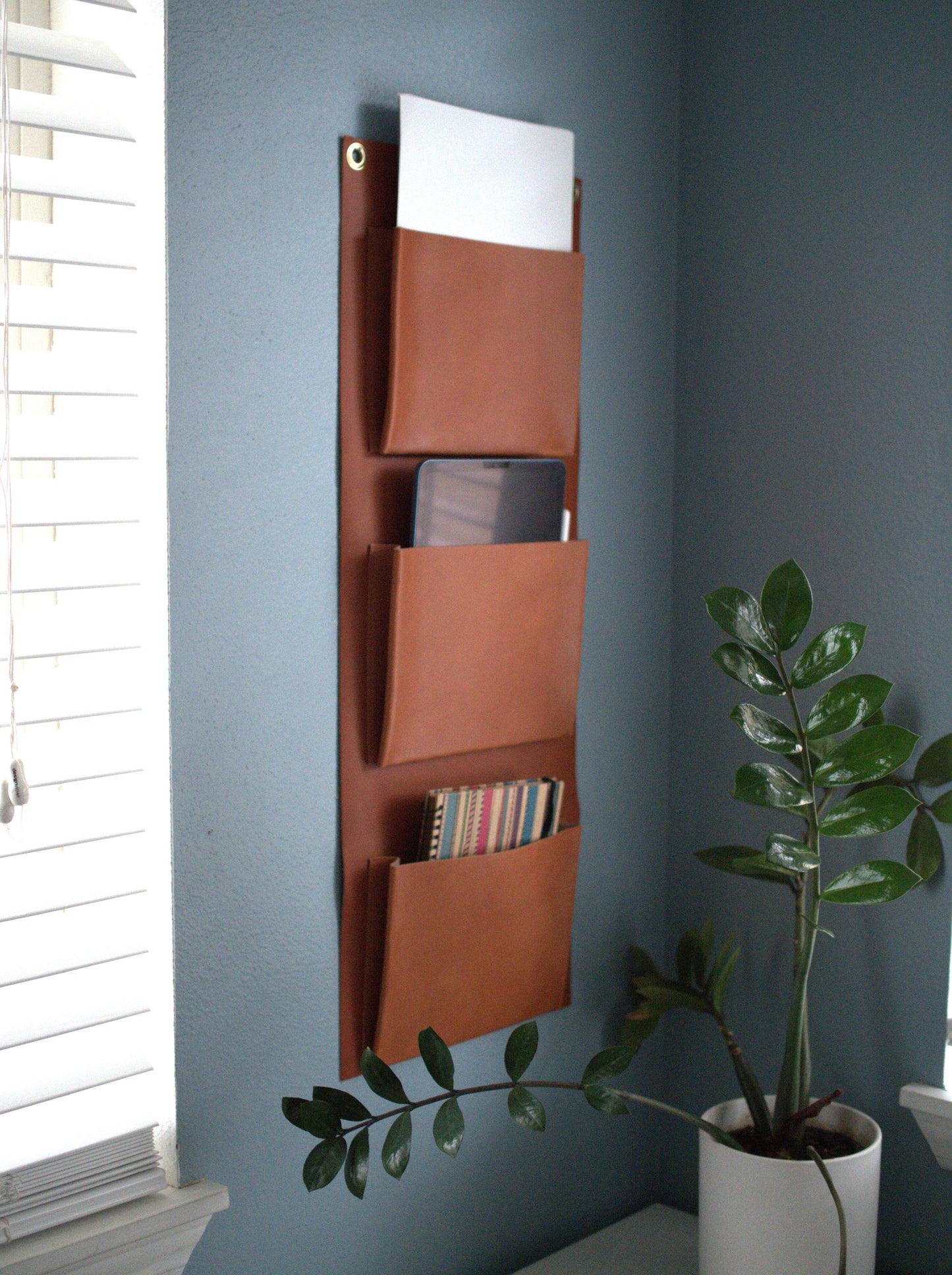 Leather Wall Organizer | Hanging Storage Pockets | Vertical Organizer for Scarves, Mail, or Shoes