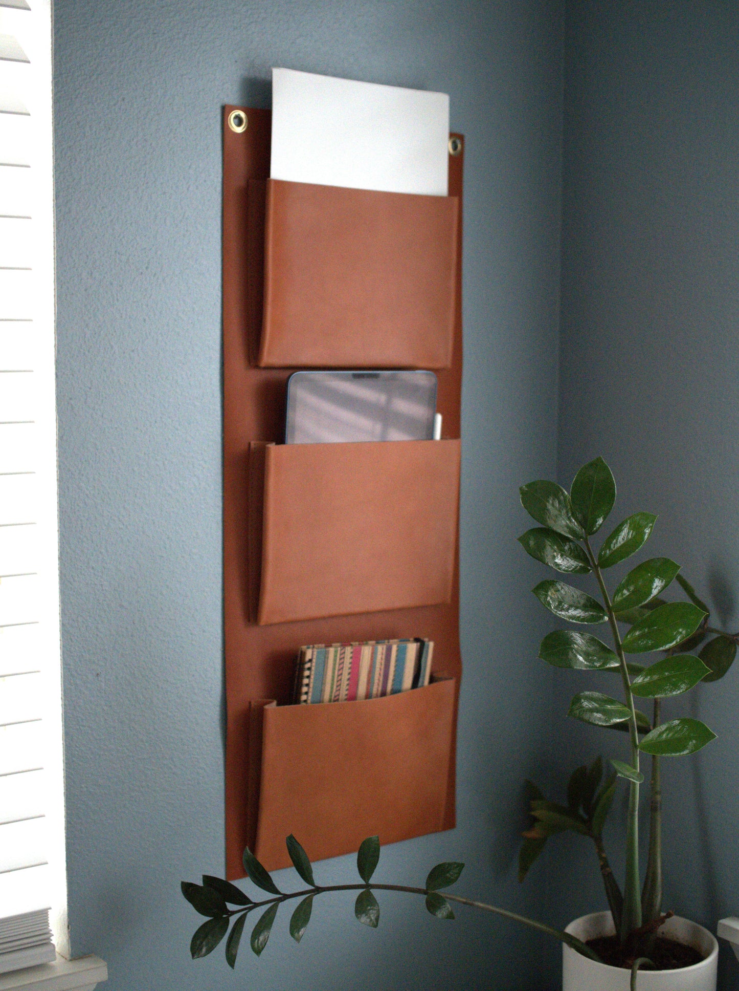 Leather Wall Organizer | Hanging Storage Pockets | Vertical Organizer for Scarves, Mail, or Shoes