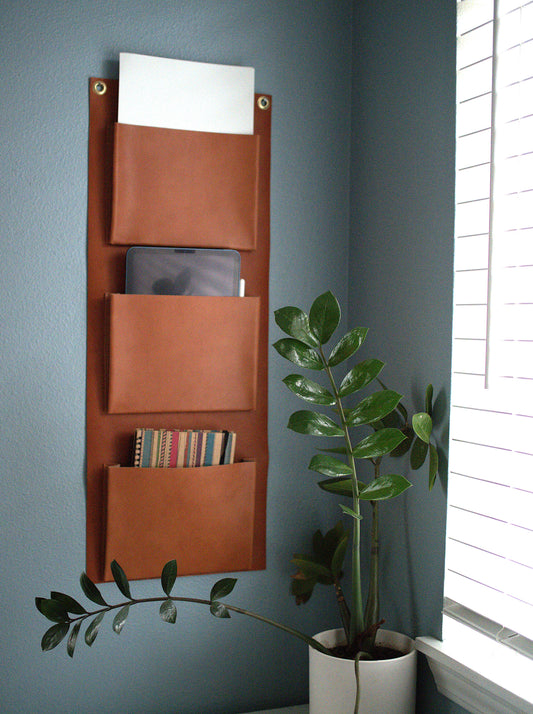Leather Wall Organizer | Hanging Storage Pockets | Vertical Organizer for Scarves, Mail, or Shoes