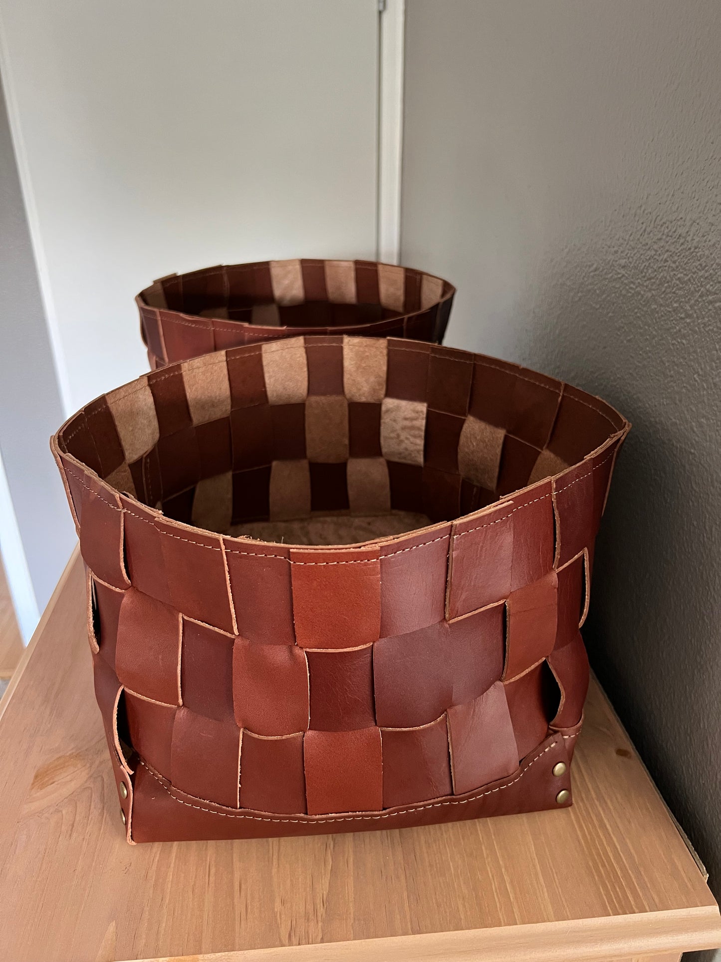 Leather Storage Bin | Woven Leather Bin | Storage Basket | Decorative Storage Container