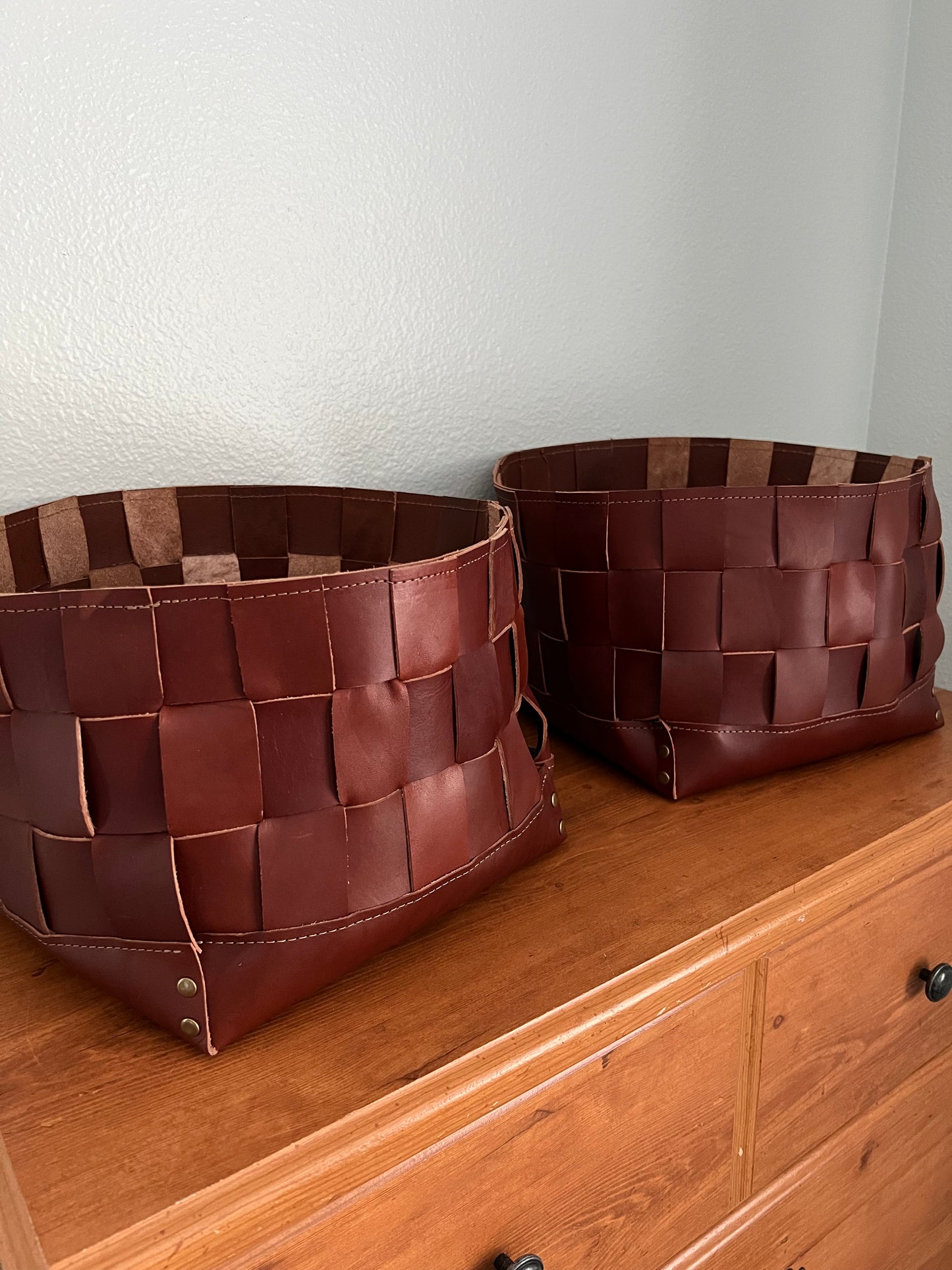 Leather Storage Bin | Woven Leather Bin | Storage Basket | Decorative Storage Container