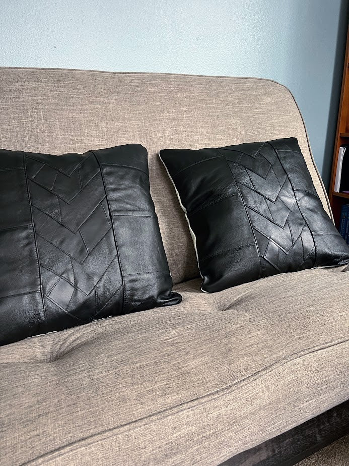 Full Grain Leather Pillow | Motorcycle Leathers Throw Pillow | Patchwork Leather Throw Pillow