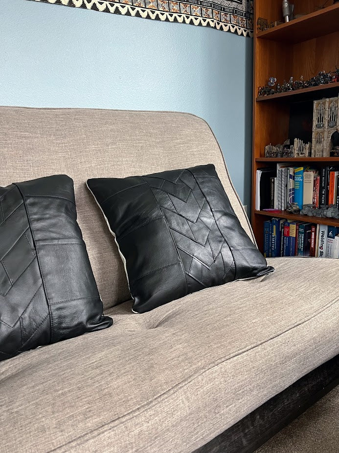 Full Grain Leather Pillow | Motorcycle Leathers Throw Pillow | Patchwork Leather Throw Pillow