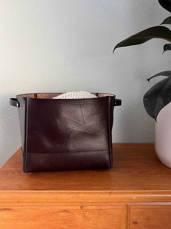 Dark Brown Leather Storage Bin | Decorative Leather Storage Bin
