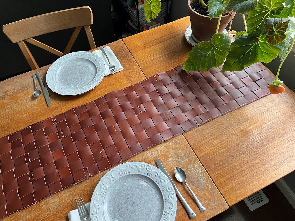Hand Woven Leather Table Runner | Modern Table Setting | Leather Trivet