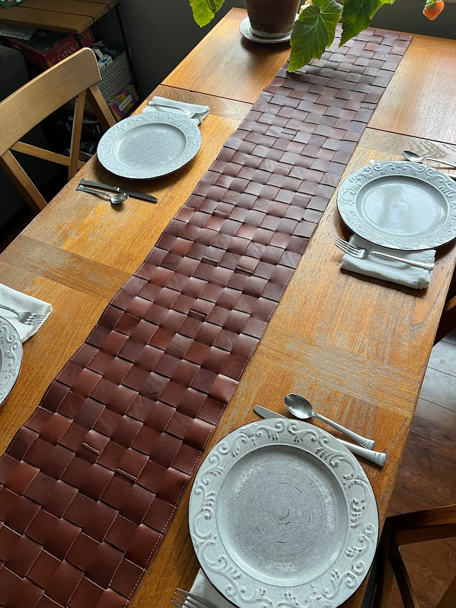 Hand Woven Leather Table Runner | Modern Table Setting | Leather Trivet