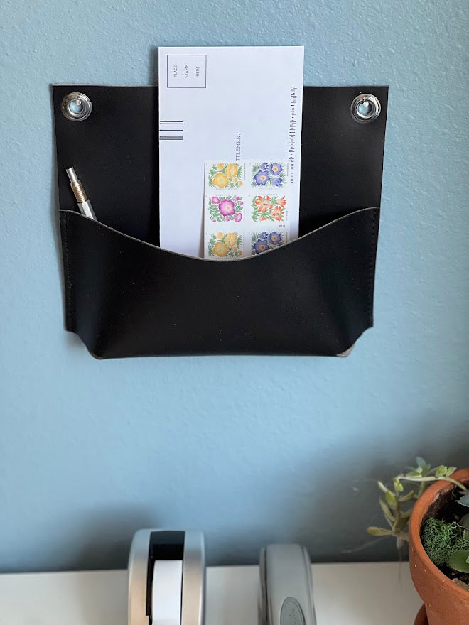 Leather Wall Pocket for Keys, Phone, Mail | Hanging Leather Organizer