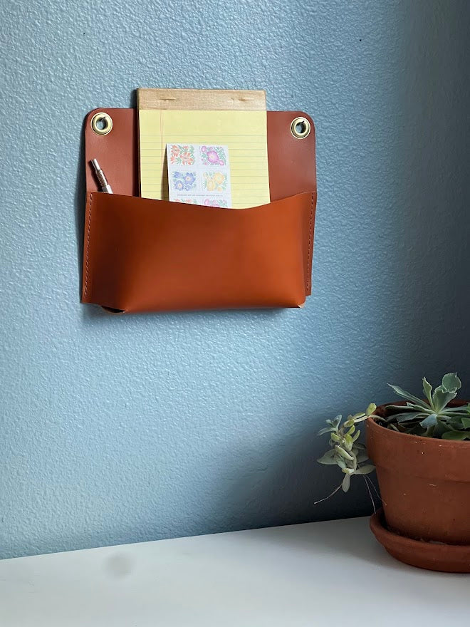 Rounded Corner Leather Wall Pocket | Entryway Storage For Keys, Phone, Glasses | Hanging Leather Organizer | Leather Catchall