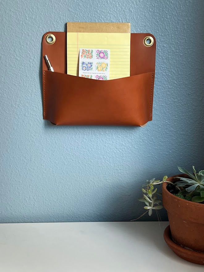 Rounded Corner Leather Wall Pocket | Entryway Storage For Keys, Phone, Glasses | Hanging Leather Organizer | Leather Catchall