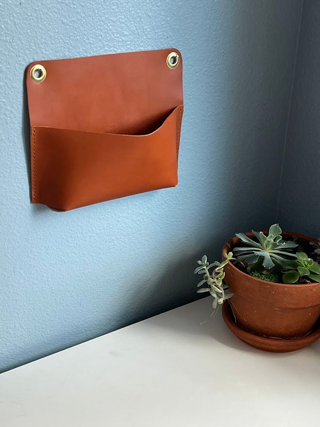 Rounded Corner Leather Wall Pocket | Entryway Storage For Keys, Phone, Glasses | Hanging Leather Organizer | Leather Catchall