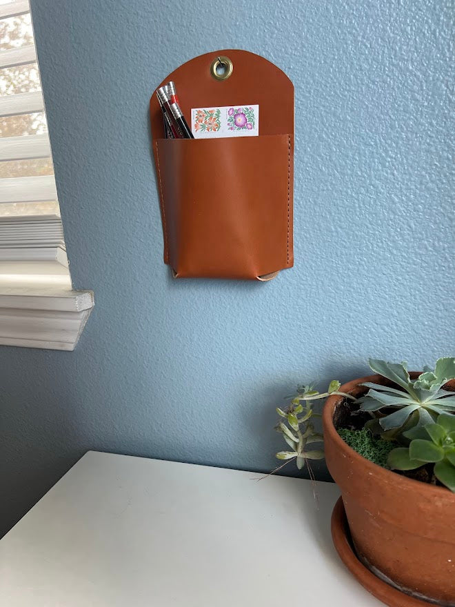 Rounded Leather Wall Pocket | Office Organizer | Leather Desk Organizer | Pen Pencil Holder | Boho Home Decor