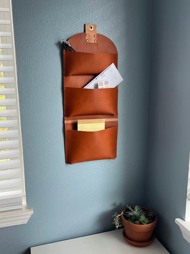 Leather Wall Office Organizer | Three Pocket Hanging Storage | Office Organizer | Desk Organizer