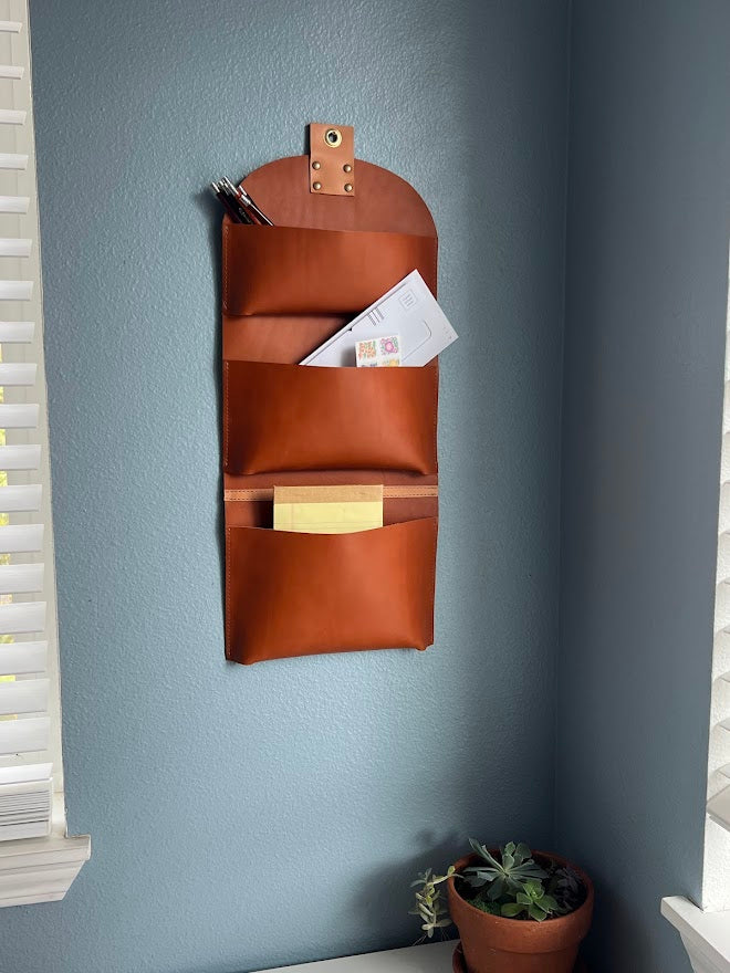 Leather Wall Office Organizer | Three Pocket Hanging Storage | Office Organizer | Desk Organizer