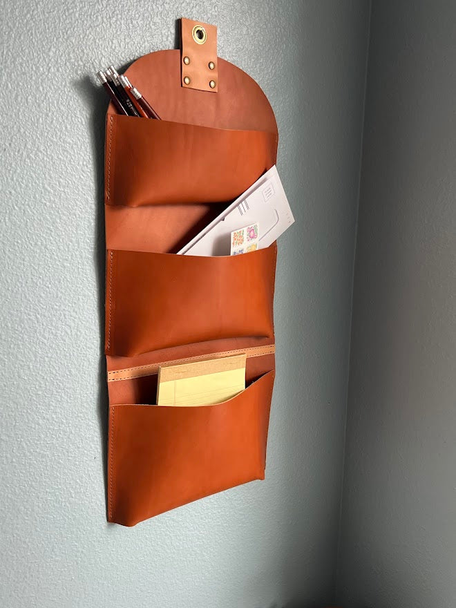 Leather Wall Office Organizer | Three Pocket Hanging Storage | Office Organizer | Desk Organizer