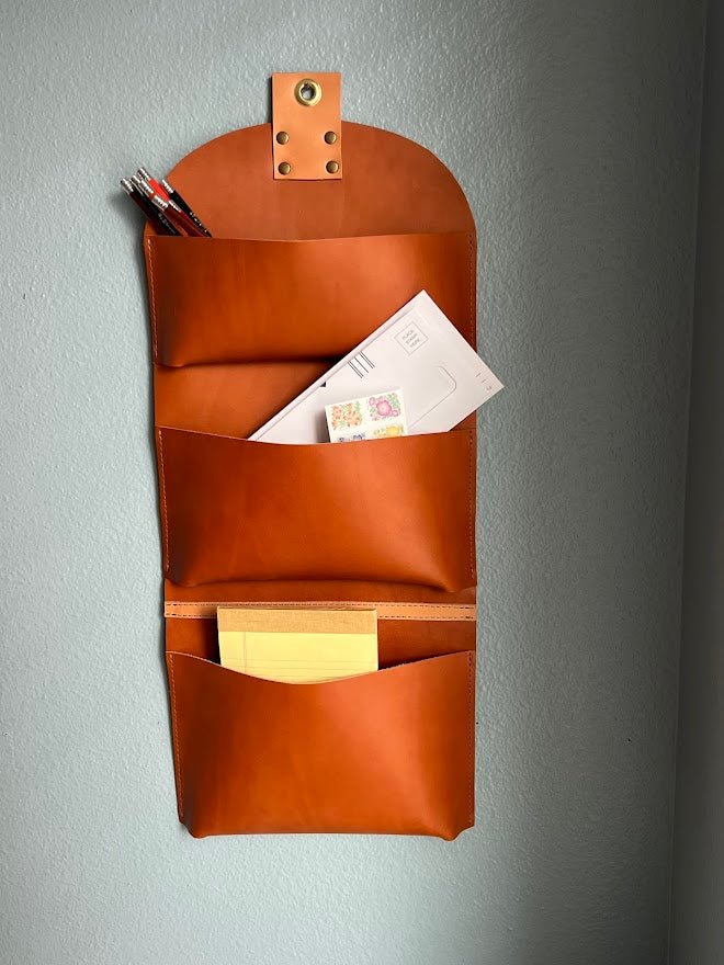 Leather Wall Office Organizer | Three Pocket Hanging Storage | Office Organizer | Desk Organizer