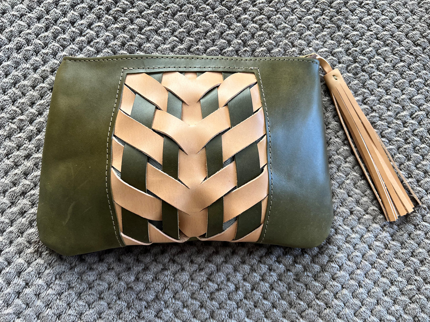 Woven Leather Clutch | Tasseled Green Leather Clutch | Oiled Leather Clutch