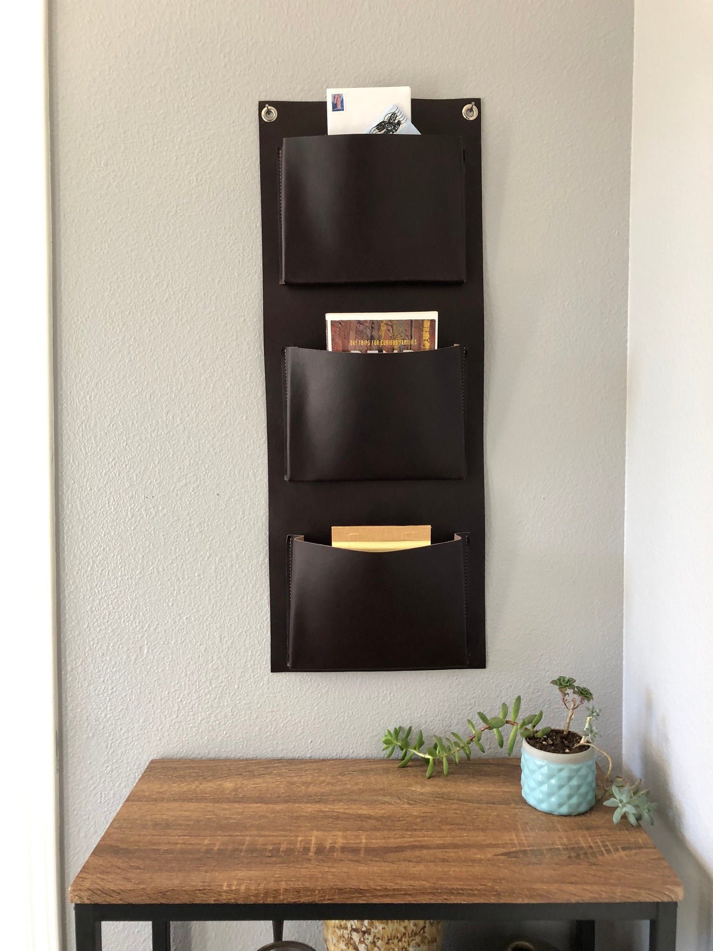 Leather Wall Organizer | Hanging Storage Pockets | Vertical Organizer for Scarves, Mail, or Shoes
